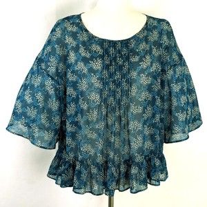 Anna Sui Sheer Chiffon Blouse Top Size S Blue Green Floral Bell Sleeves
